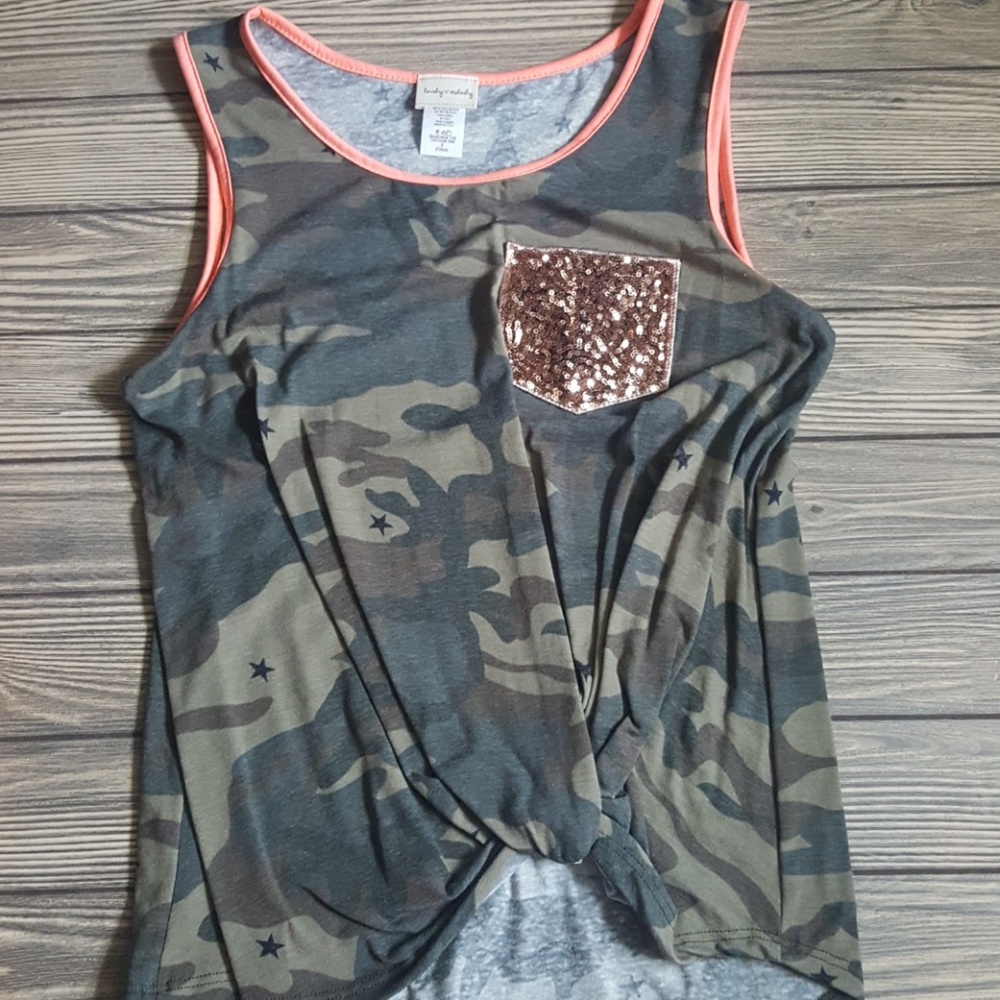 Last 1! Camo Sequin Pocket Coral Tank - Picture 2 of 5